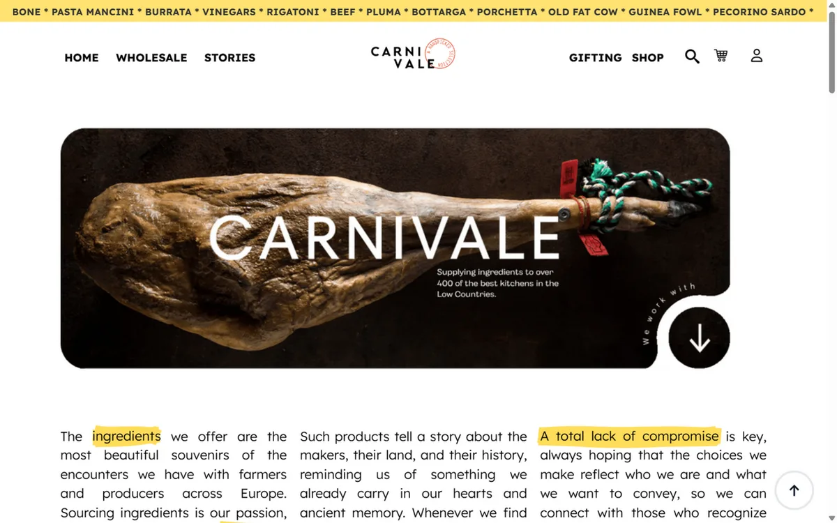 Voorkant van de Engelstalige website van Carnivale, met productcategorieën en producerverhalen