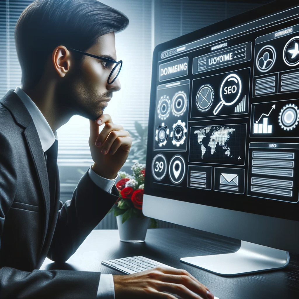 Een man in pak kijkt naar een computerscherm en werkt aan oplossingsgericht webdesign in Antwerpen.