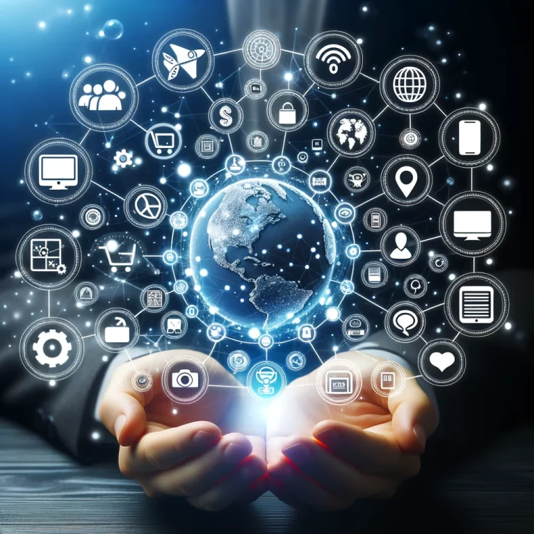 SOLUTIONAL WEBDESIGN ANTWERPEN 4 Les mains d'un homme d'affaires tiennent un globe terrestre entouré de plusieurs icônes, illustrant les compétences de la ville d'Anvers en matière de conception de sites web orientés vers la recherche de solutions.