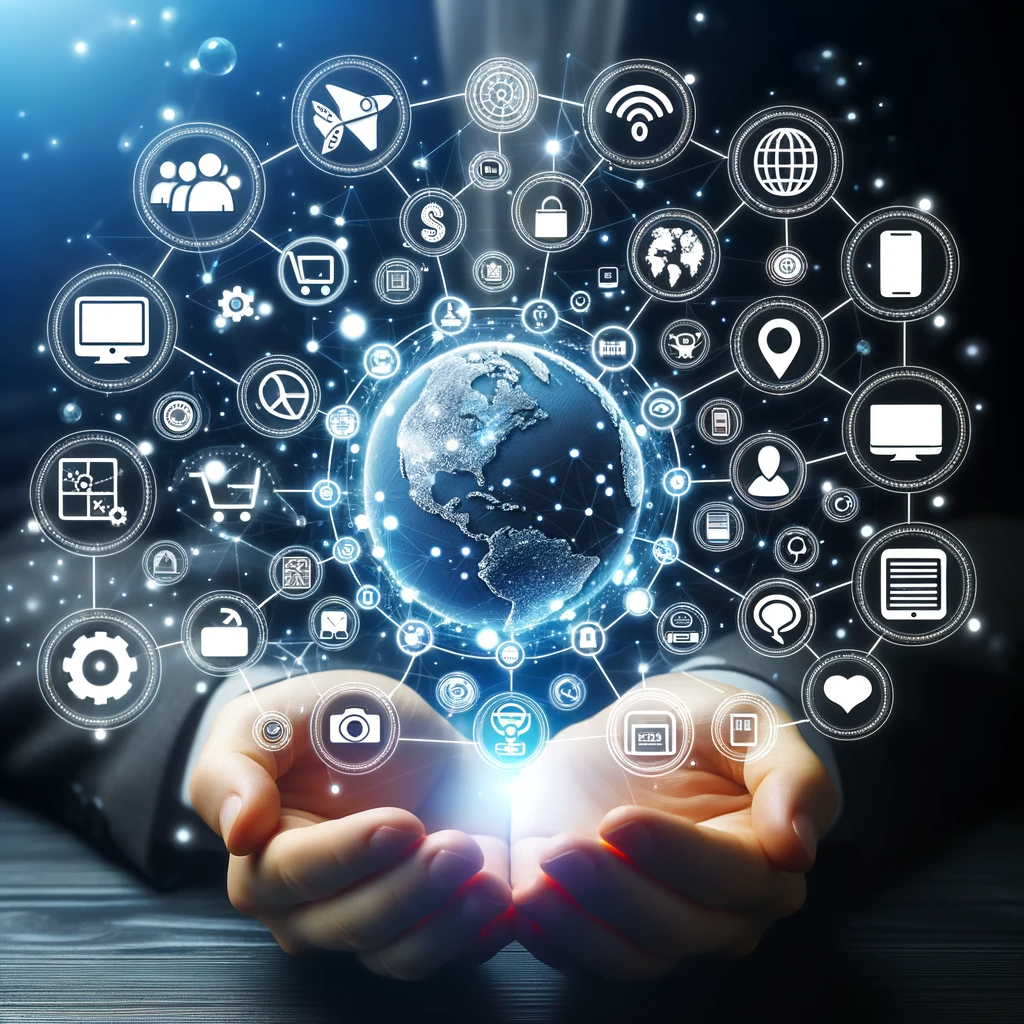 De handen van een zakenman houden een wereldbol vast met verschillende iconen eromheen, die de oplossingsgerichte webontwerpvaardigheden van Antwerpen laten zien.