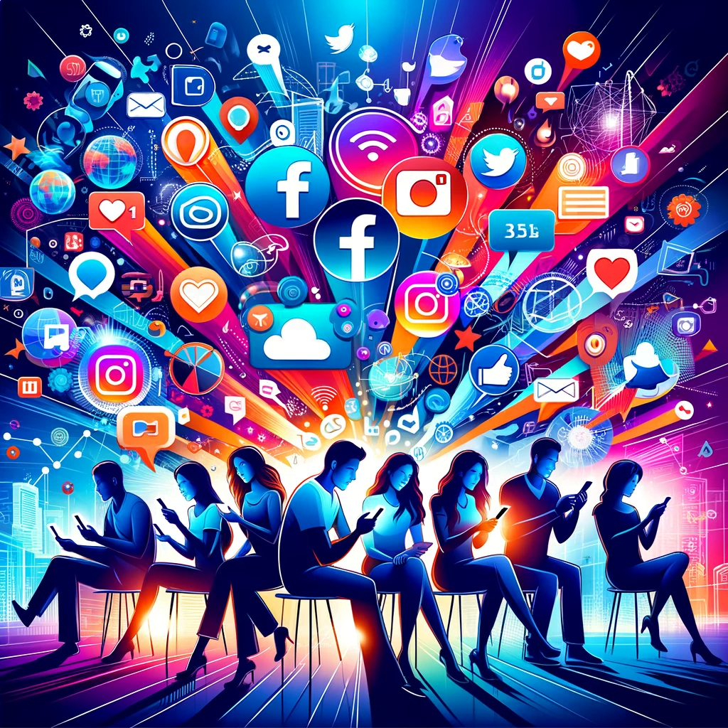 Een groep mensen die op stoelen zitten terwijl ze op de achtergrond met sociale media-iconen bezig zijn en het concept van online marketing verkennen.